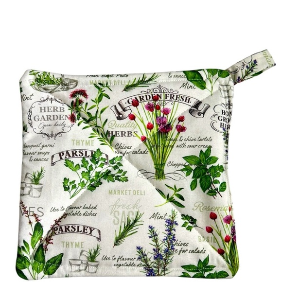 Hand Crafted Garden Herb Design Pot Holders - Green and White Hot Mat Trivet - Picture 4 of 6